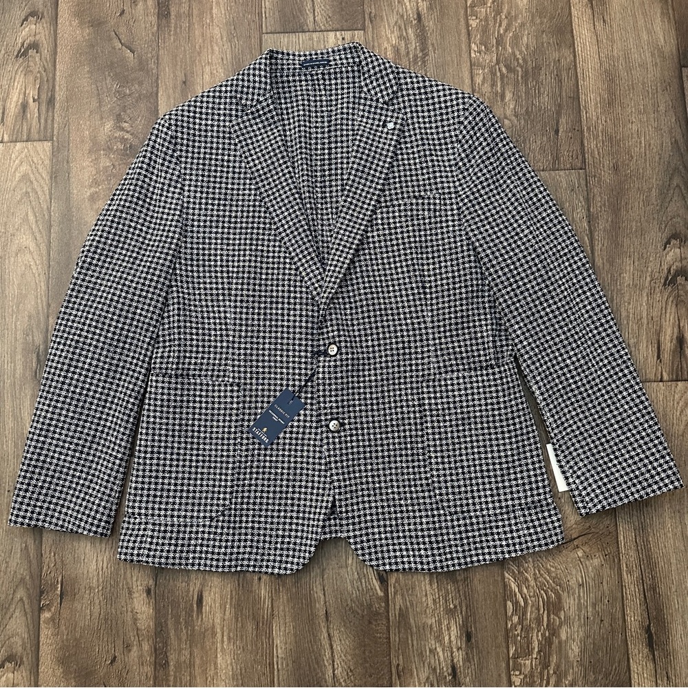 Stafford Classic Fit Sport Coat Blazer Jacket Sz 46S White Black With Navy Knit